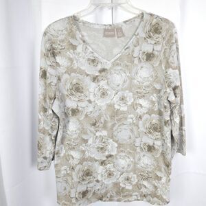 Chico's 1 Women's 8 Floral Flower 3/4 V-Neck Sleeve Top Shirt